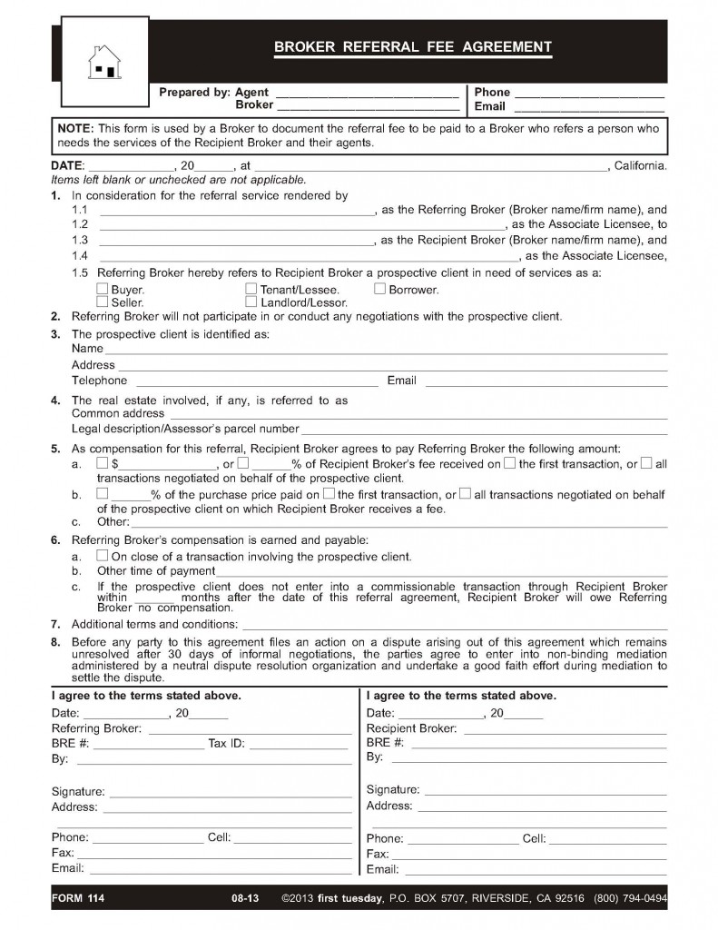 A broker-to-broker written referral fee agreement  firsttuesday Intended For commercial mortgage broker fee agreement template