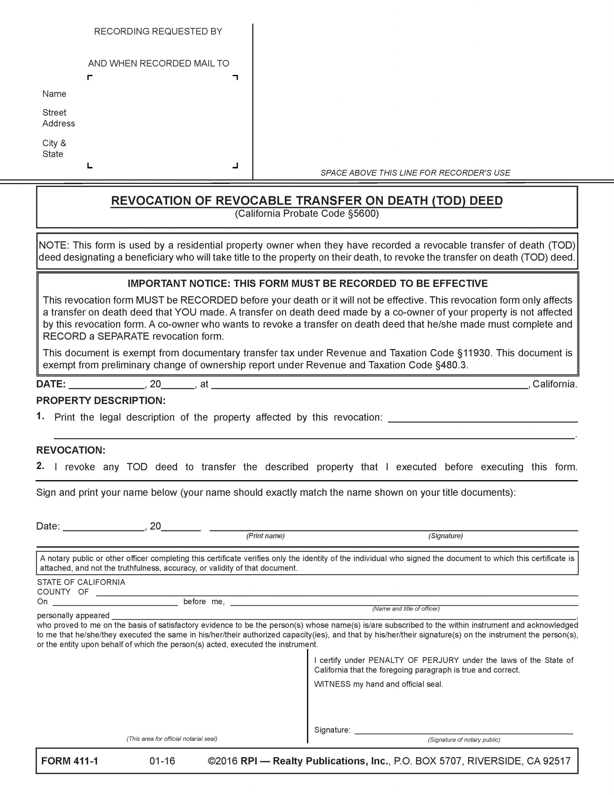 Form of the Week Transfer On Death Deeds Revocable Transfer And Revocation Forms 411 And 411 1