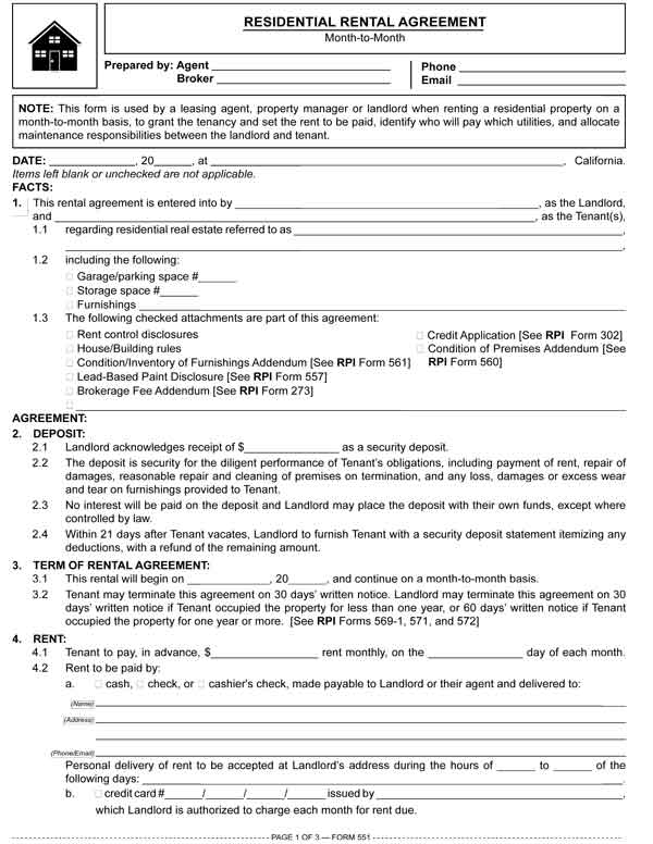 Residential Rental Agreement Month To Month Rpi Form 551 Firsttuesday Journal