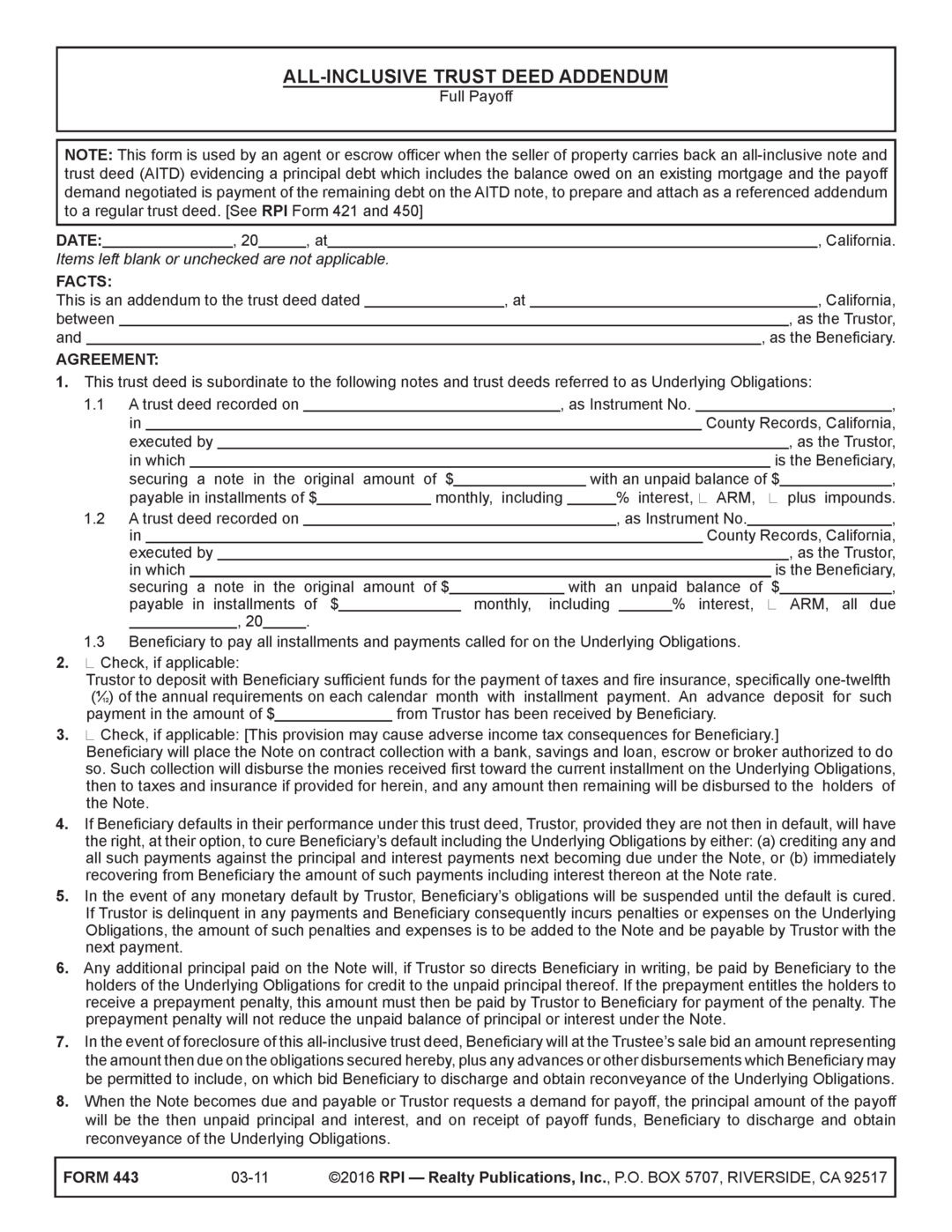 All-Inclusive Trust Deed Addendum – Full Payoff – RPI Form 443 ...