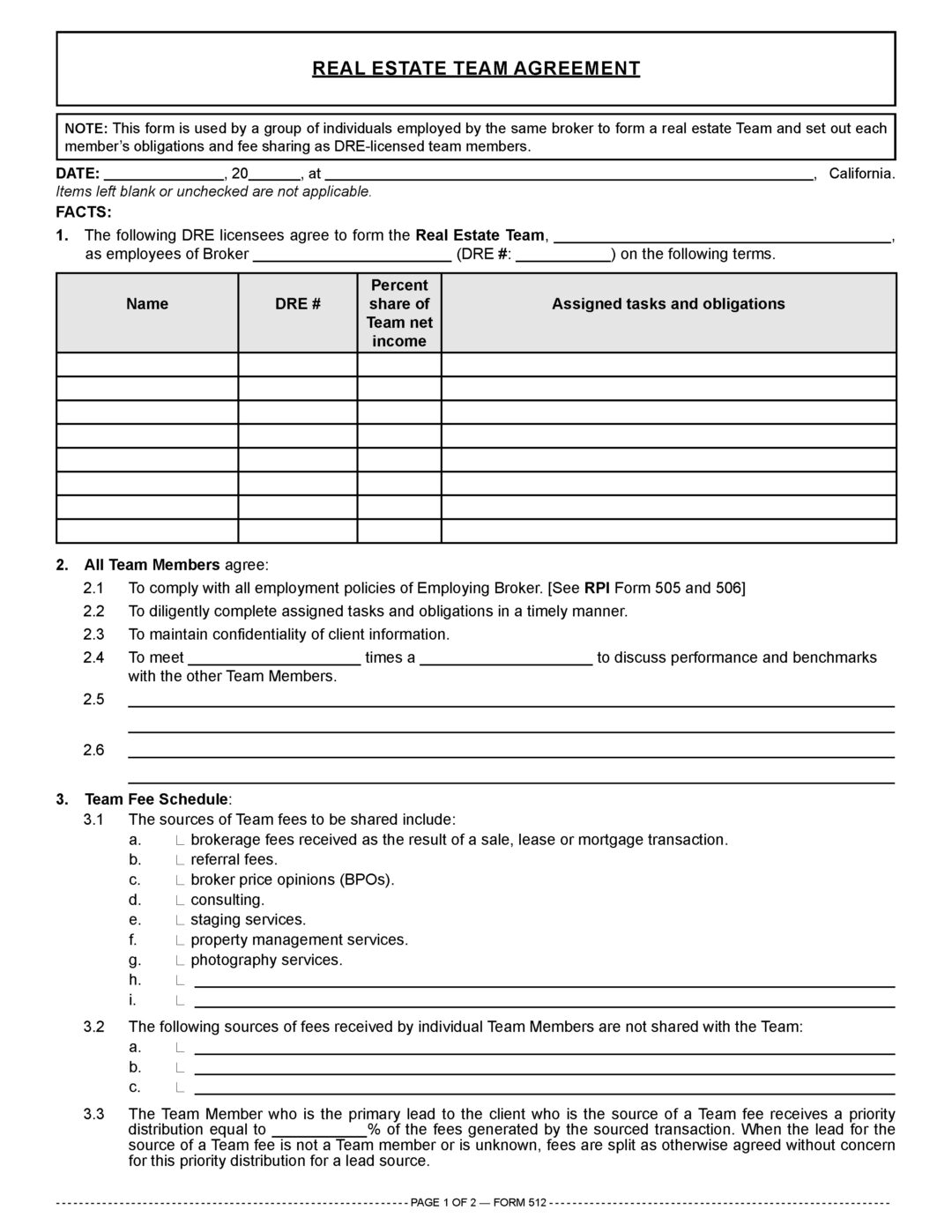 Real Estate Team Agreement — RPI Form 512 | firsttuesday Journal