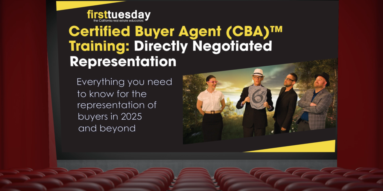 A movie theater with the screen showing firsttuesday's Certified Buyer Agent Training.