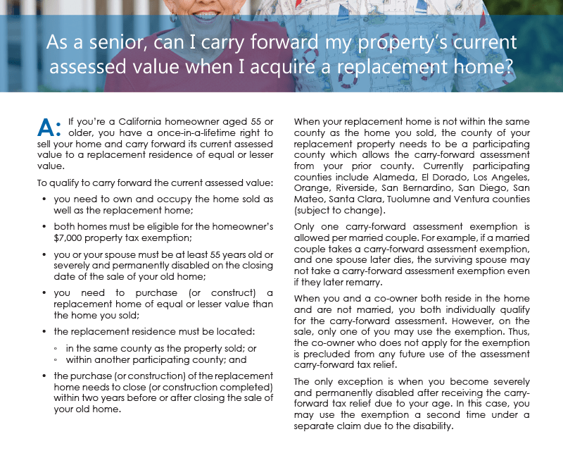 Client Q&A: As a senior, can I carry forward my property’s current assessed value when I acquire a replacement home?